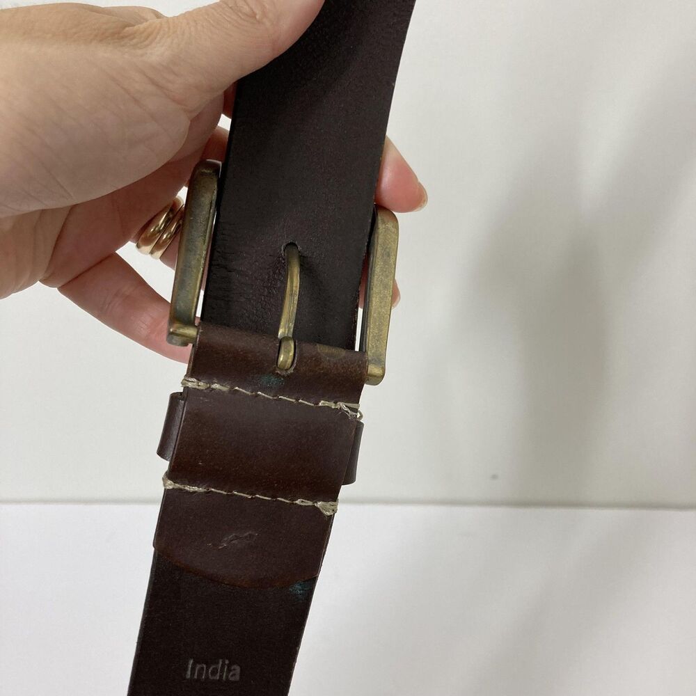 Timberland Leather Belt Mens 32 Brown Antique Brass Buckle Tree Logo Casual - Picture 6 of 14